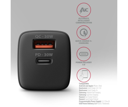 Ładowarka i akumulator Axagon ACU-PQ30, Sil 30W, 2x port, PD3.0/PPS/QC4+/SFC/AFC/Apple
